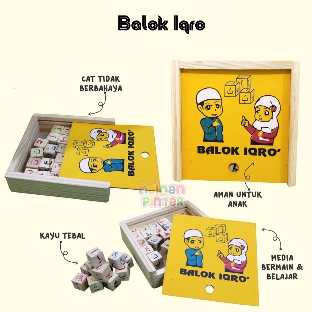 Mainan Kayu Edukasi Anak Balok Pelangi / Balok Bintang/ Balok Bulan / Balok Matahari / Balok Awan / Balok Iqro Bisa COD