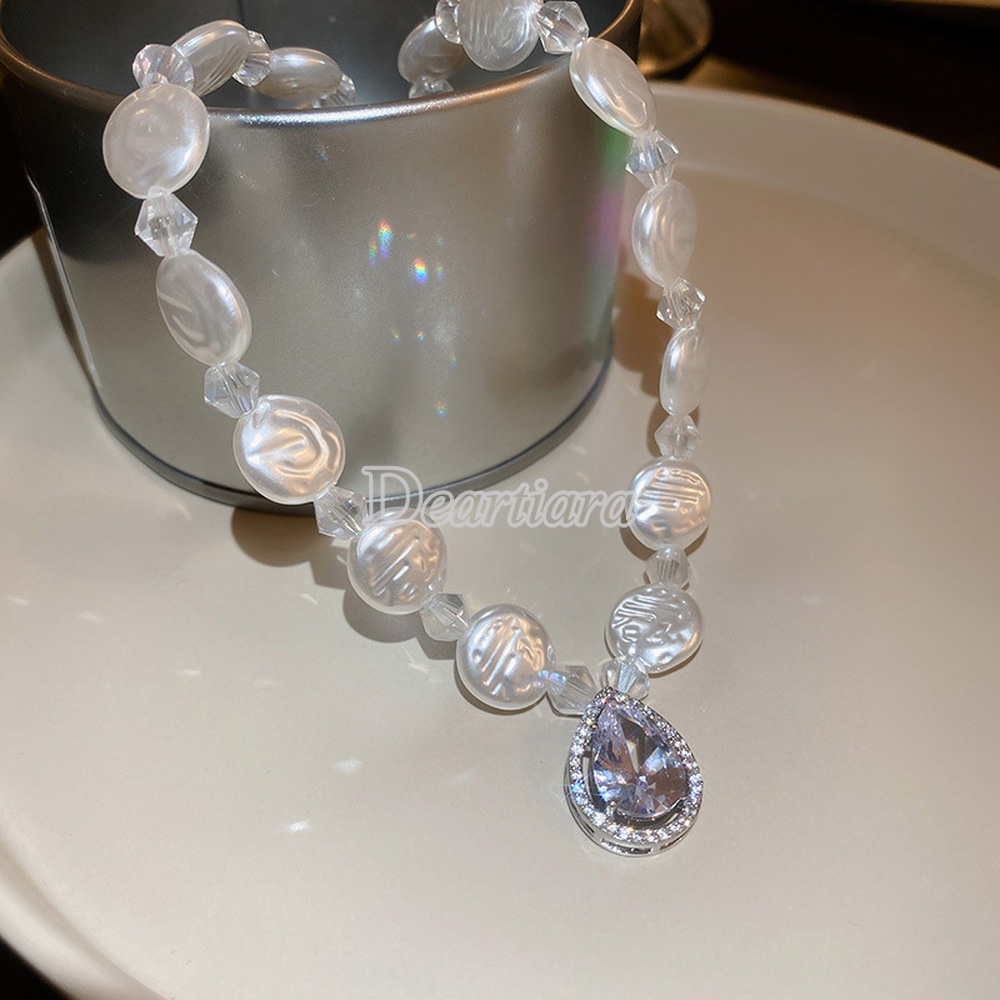 Kalung Rantai Dengan Liontin Kristal Zircon + Mutiara Asimetris Untuk Wanita