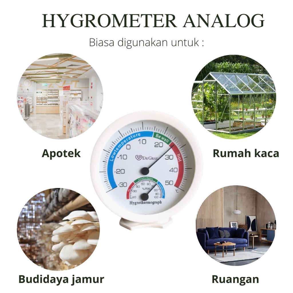 Termometer Alat pengukur suhu ruangan - Thermometer Hygrometer analog temperature room 5 inch DR GRAY