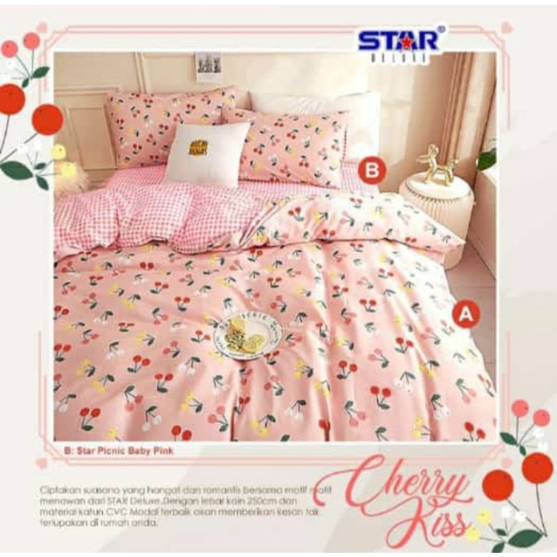 Sprei set bedcover bahan katun motif Cherry Kiss ukuran 160x200