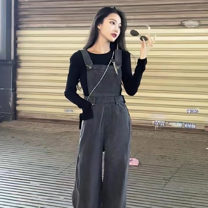 Overall denim retro abu-abu untuk wanita 2022 musim semi dan musim panas celana pel lurus ramping pi