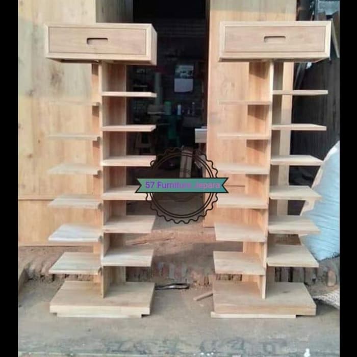 Rak hias kayu jati mentahan - rak display tempat Tas/ Sendal/ Sepatu