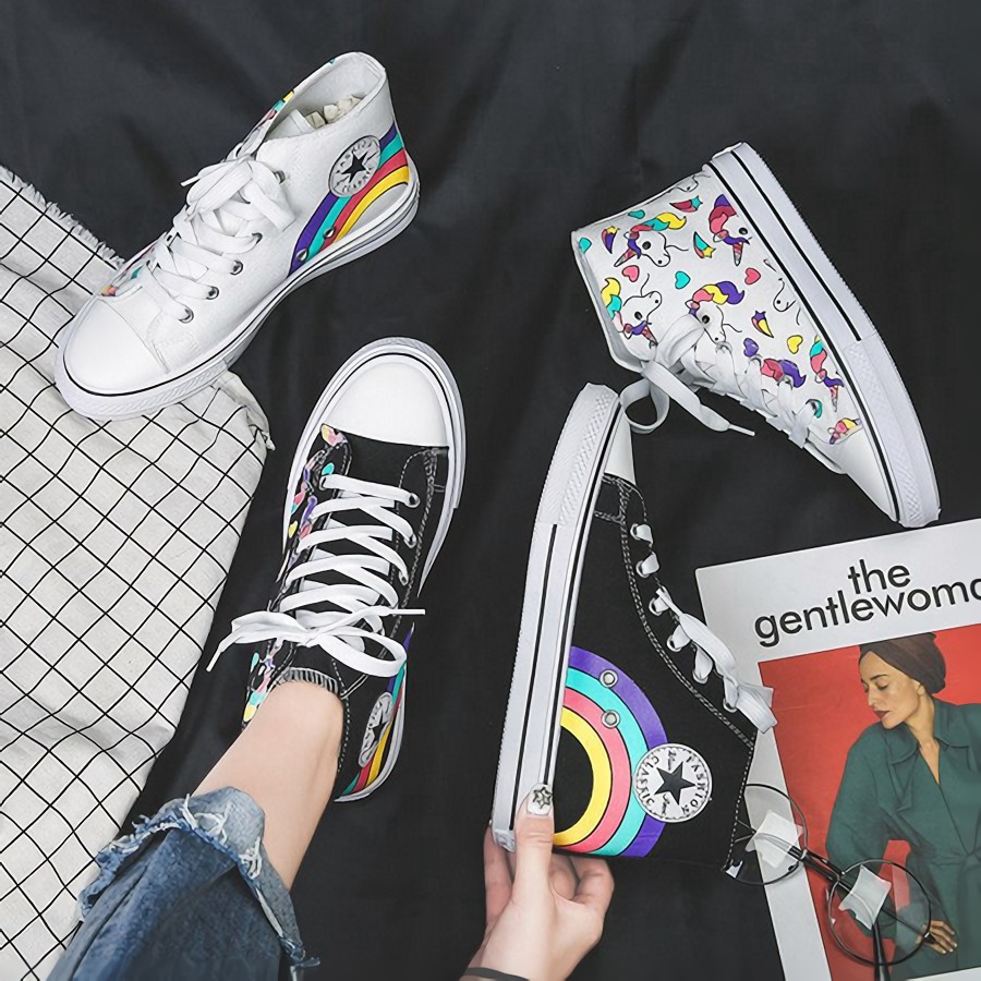Sepatu Sneakers Wanita Rainbow Unicorn Women Shoes High-top Students Korean Shoes Flawless