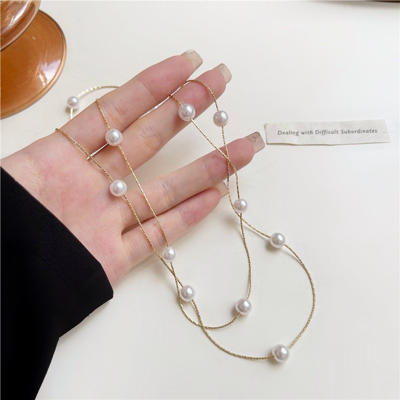 Kalung Rantai Wanita Model Lapis Ganda Aksen Mutiara Untuk Musim Panas