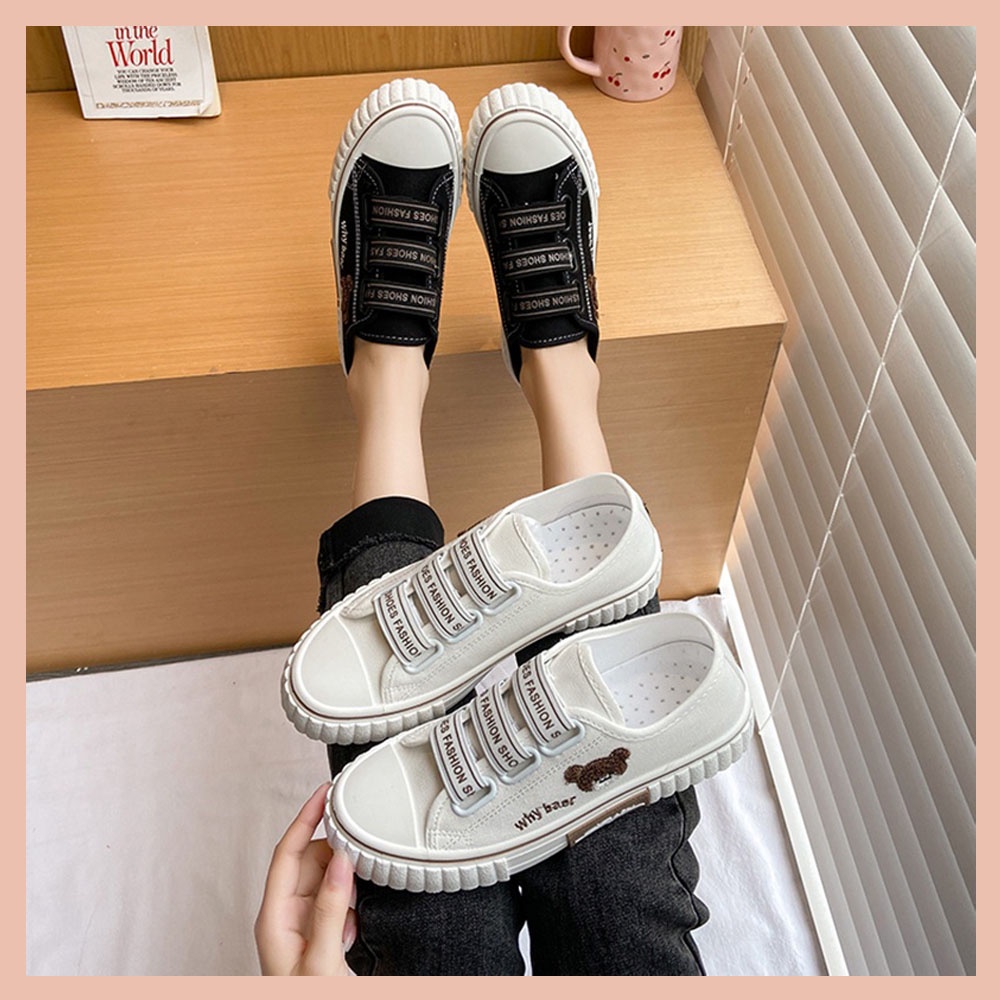 Sepatu Korean Style Why Bear Boyscode Fashion Tali Karet Hitam Putih / Sepatu Sneakers Canvas Wanita / Sepatu Kets Wanita