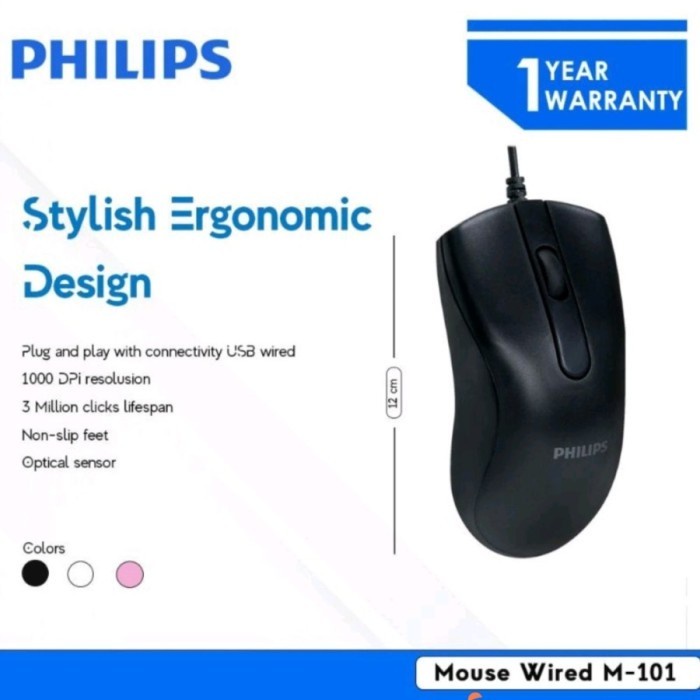 Mouse Philips Wired M101 Black Ergonomic Design