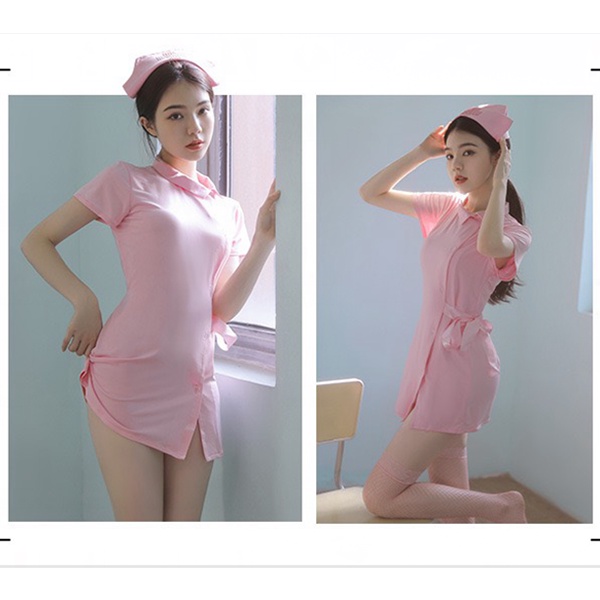 Lingerie Set Kostum Cosplay Seragam Perawat Warna Putih dan pink A280