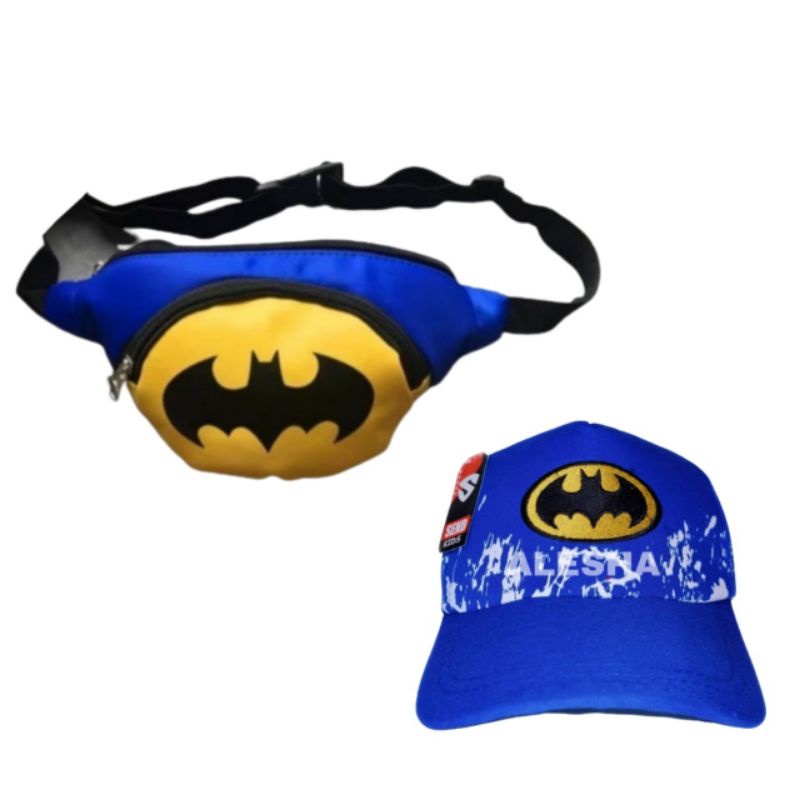 Tas selempang waistbag anak laki-laki canvas karakter batman 2in1 - tas + topi