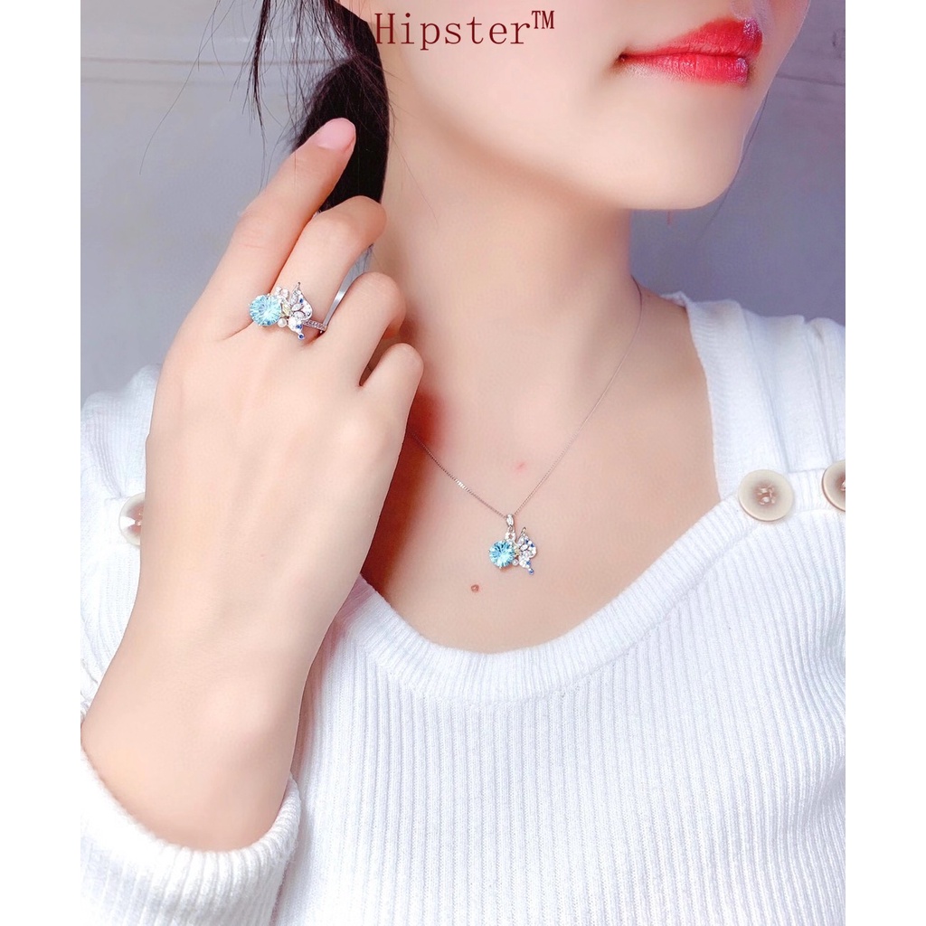 New Super Fairy Design Butterfly Suit Sky Sapphire Rings Pendants Necklace