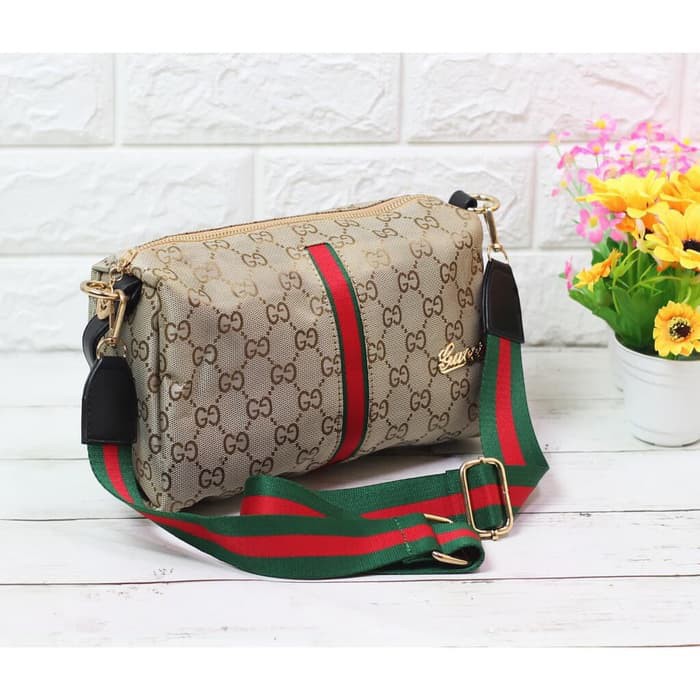 TAS BATAM TAS WANITA IMPORT TAS GUCCI SLING KANVAS KOMBINASI SELEMPANG - TAN