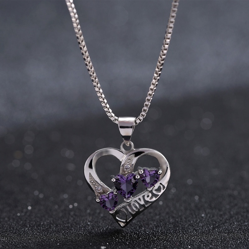 [Ready Stock]Fashion Simple Heart-Shaped Amethyst Pendant Silver Plated Clavicle Chain Necklace