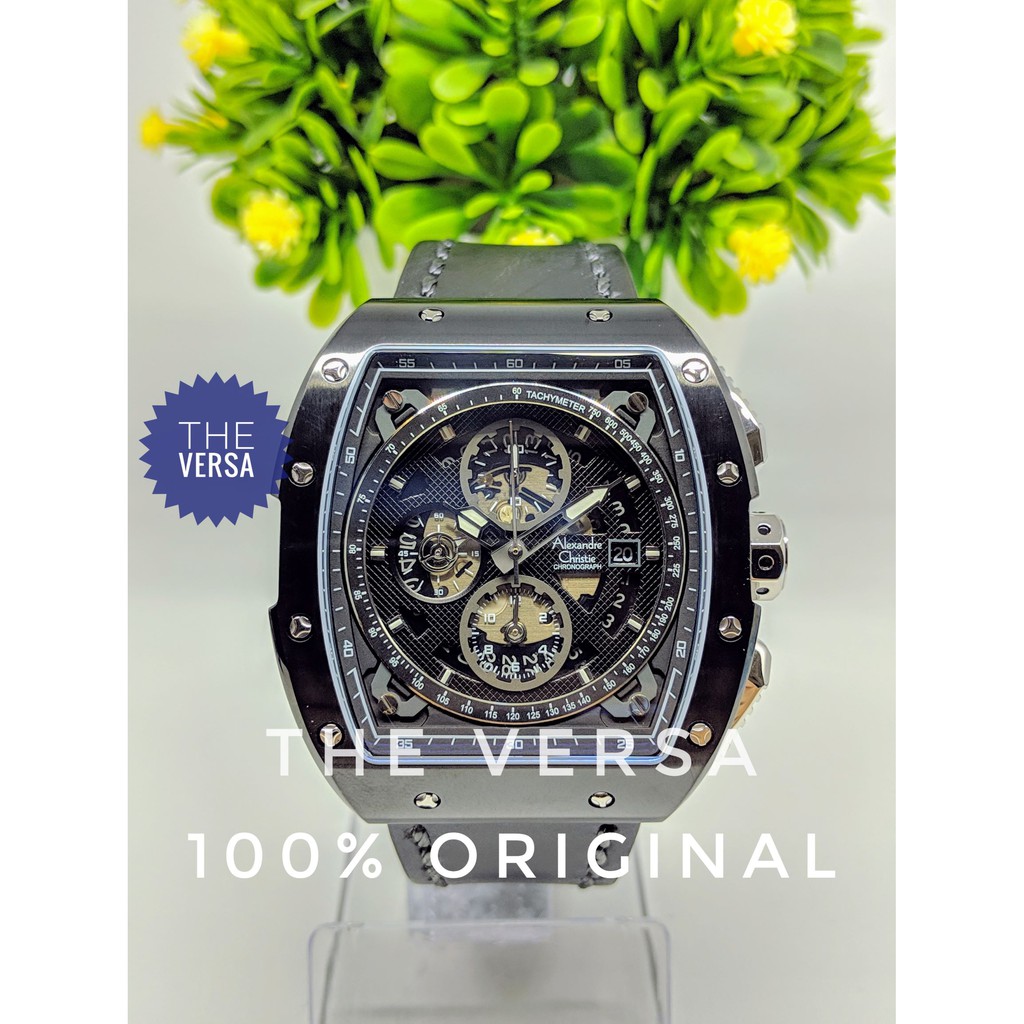 Alexandre Christie AC 6411 Jam Pria Kulit Full Black Tombol Silver