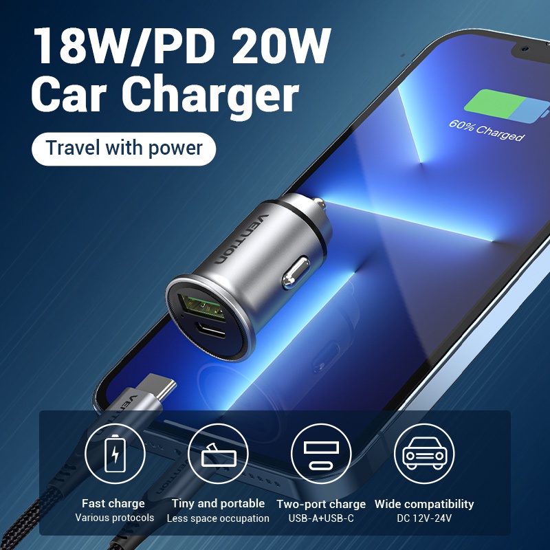 Vention Charger Mobil PD 20W 18W 2 Output Ganda Tipe C USB QC3.0 Untuk Xiaomi / Huawei