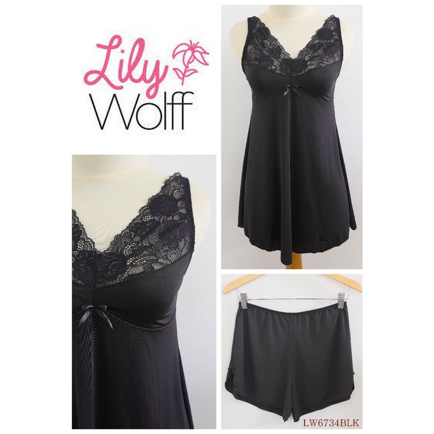 Lingerie Wanita Renda Baju Tidur Setelan Kamisol Celana Pendek Premium LILY WOLFF Lembut Elastis Best Seller LW6734BLK-1