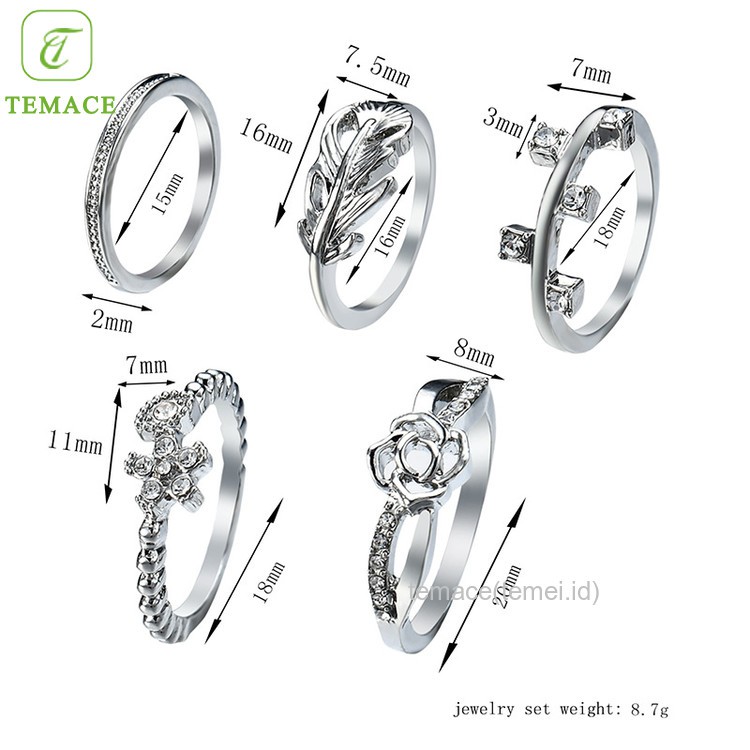 Cincin titanium Set Berlian Imitasi Elegan Korea Wanita 5pc