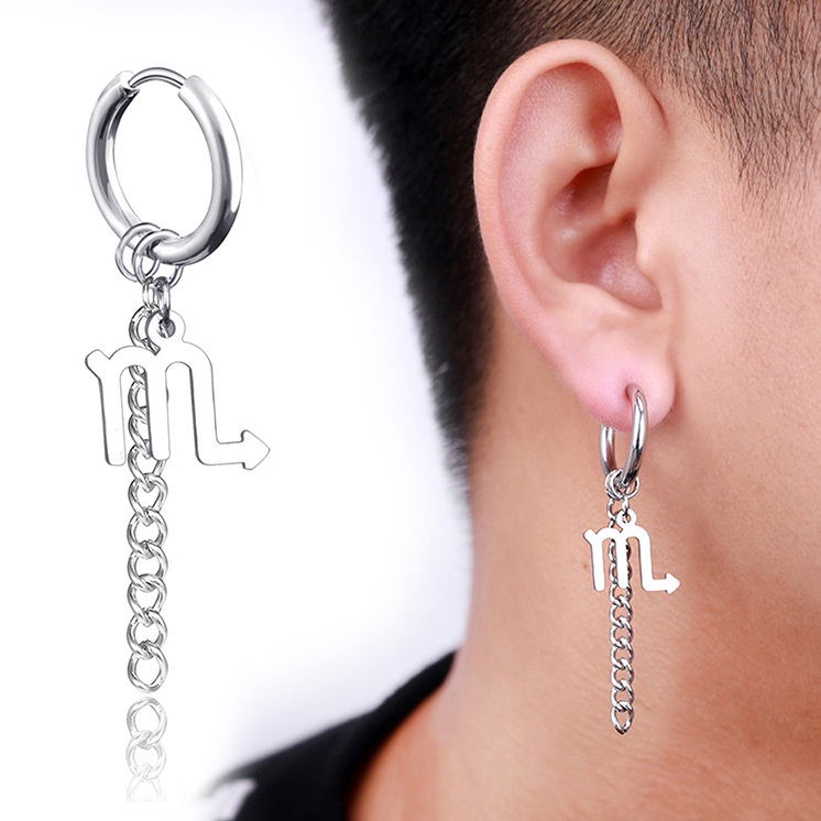 Anting titanium anti karat model tusuk tindik jepit cowok pria motif zodiak silver rantai panjang fashion korea import murah-Scorpio