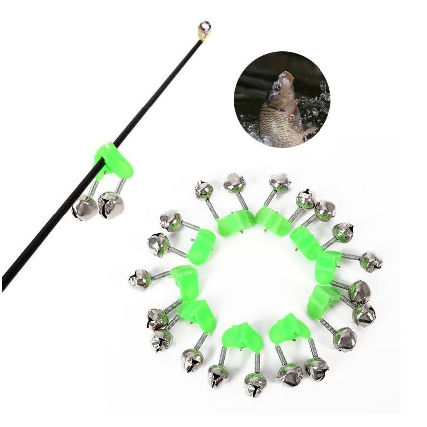 Hengjia 10pcs/lot Fishing Bite Alarms Bel Alarm Gigitan Ikan Twin Bell Ring Klip Joran Pancing Green ABS Fishing Accessory Outdoor