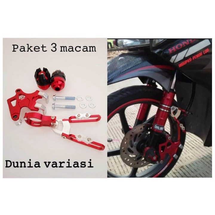 PROMO PAKET COVER KALIPER+KLEMEN V/JEPITAN SLANG REM DEPAN+JALU AS RODA DEPAN UNIVERSAL HONDA BEAT,VARIO DLL