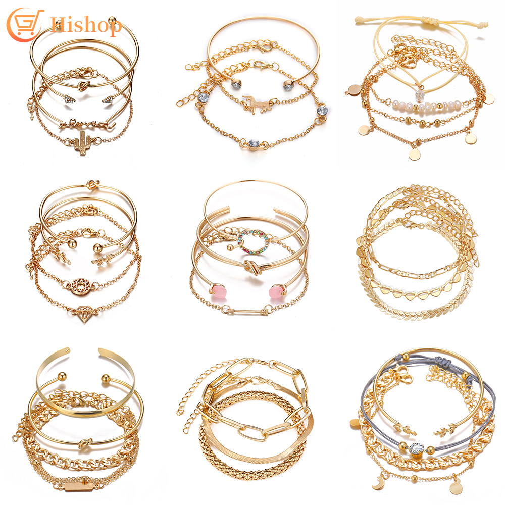 Set Gelang Emas Mode Multilayer Aksesoris Wanita Perhiasan Vintage