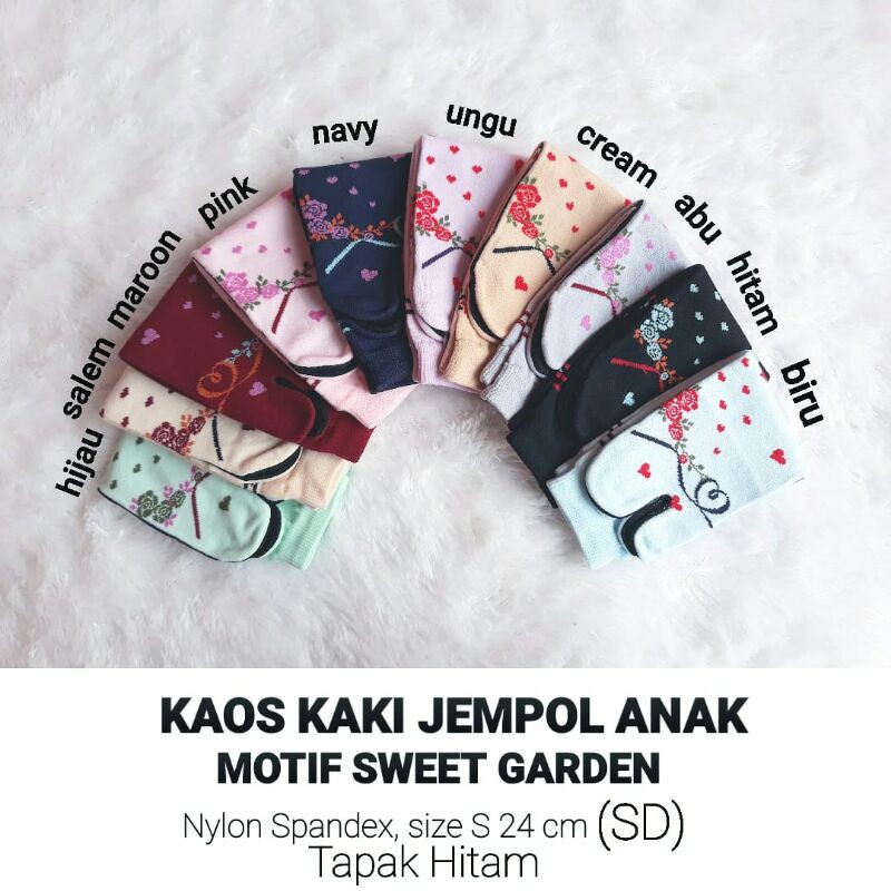 Kaos Kaki Jempol Anak Perempuan Motif Sweet Garden (Tapak Hitam, Tebal, Nylon Spandex, SD, Murah)