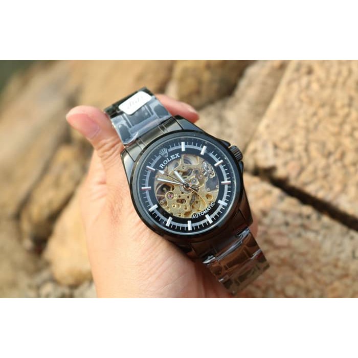 JAM TANGAN PRIA ROLEX AUTOMATIC SKELETON BESAR FULL BLACK