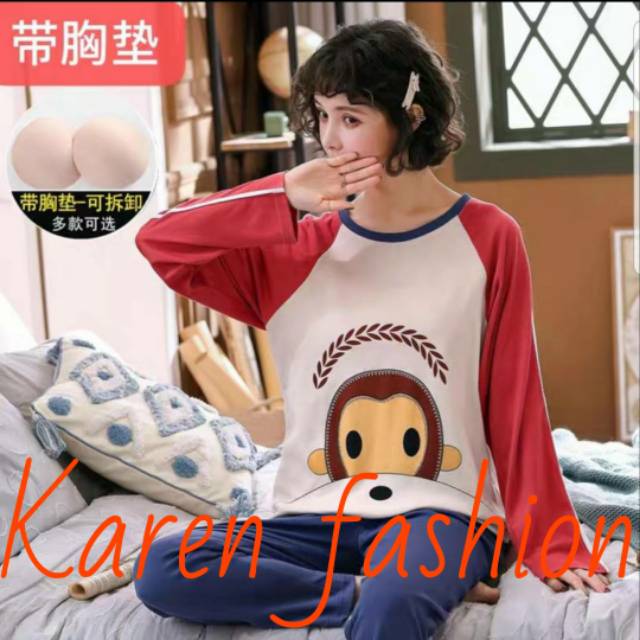 Baju tidur piyama kaos setelan panjang wanita dewasa cewek import MONKEY KOMBINASI