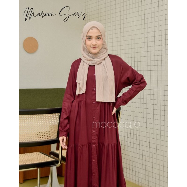 Gamis polos premium Babydoll Lady Dress Rayon Twill Full Kancing dark red maroon merah tua gelap