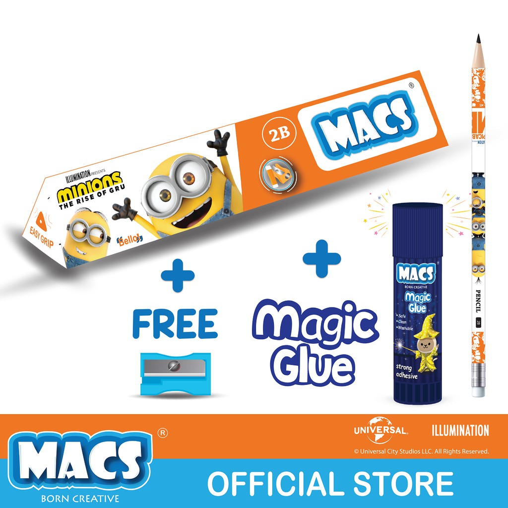 

FUN BUNDLE Macs 2B pensil segitiga hitam MINION dan Magic Glue Stick