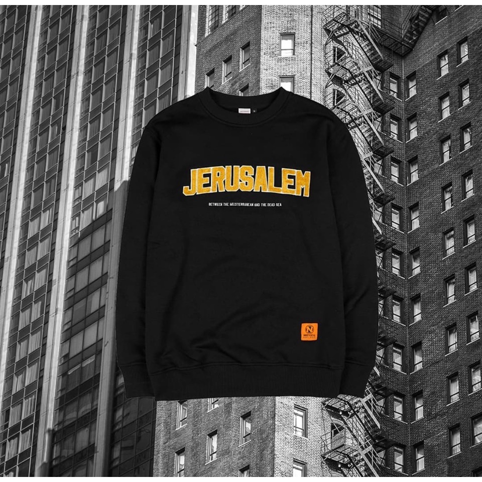 Sweater Jarusalem Noforty Distro Bandung - Jaket Noforty Sweater Crewneck Jerusalem Black  Kualitas Premium - Jaket Crewneck Pria