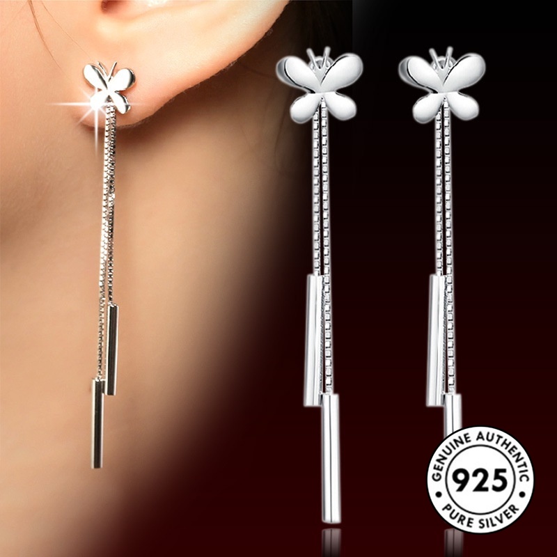 Anting Tusuk Sterling Silver 925 Desain Kupu-Kupu + Rumbai Gaya Retro Untuk Wanita Butterfly