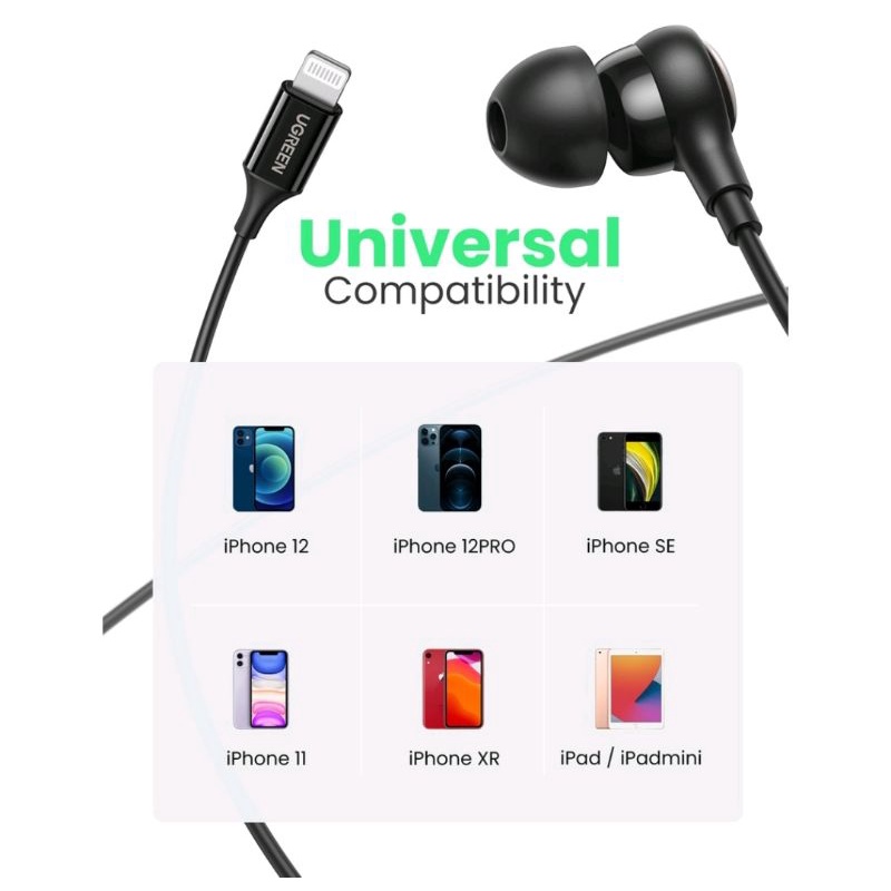 Ugreen Lightning Wired Earphones MFi Certified for iPhone 7 8 X XS XR SE 11 12 13 Pro Max iPad iPod