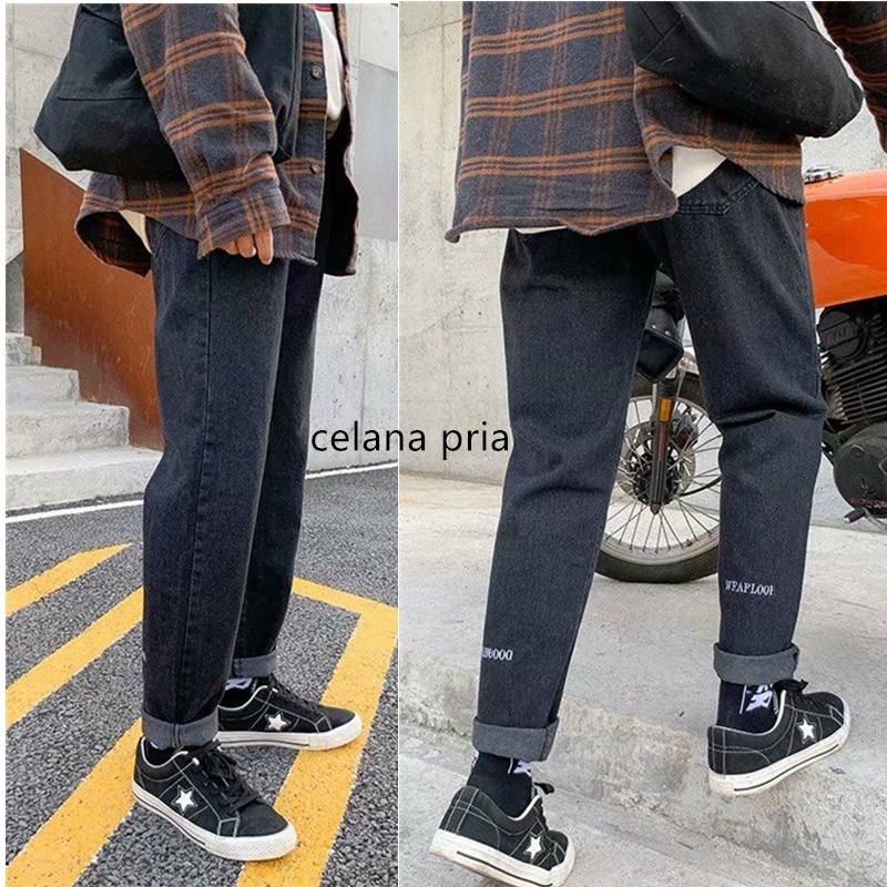 Celana jeans pria celana oversize pria kulot jeans hitam celana pria korea celana panjang pria loose jeans celana kulot baggy pants pria