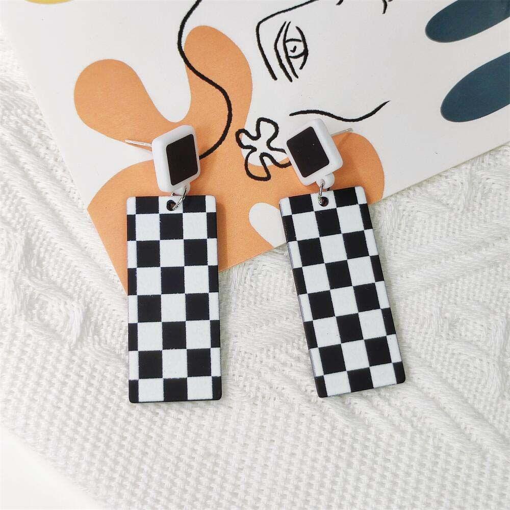 Augustina Checkerboard Earrings Besar Geometris Asetat Akrilik Hitam Putih Kotak-Kotak Persegi Panjang Checkerboard Square Gaya Korea Wanita Earrings