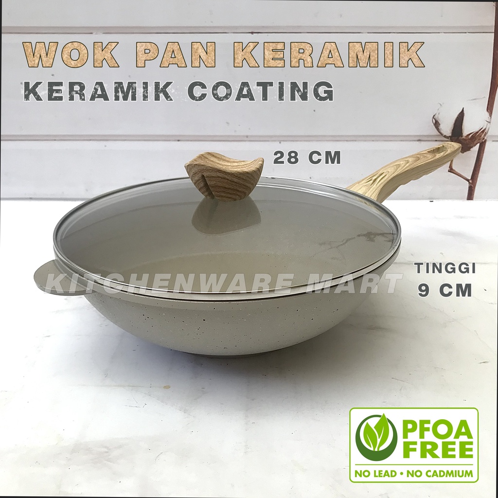 Wokpan Keramik 28 cm Tutup Kaca Wok Ceramic PFOA FREE - Wajan Keramik Panci wajan Penggorengan Fry