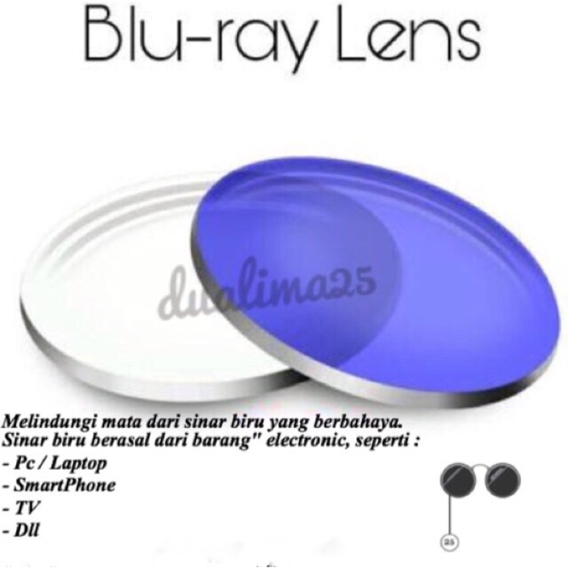 Lensa kacamata blueray coating biru (kilauan biru saat terkena pantulan cahaya)