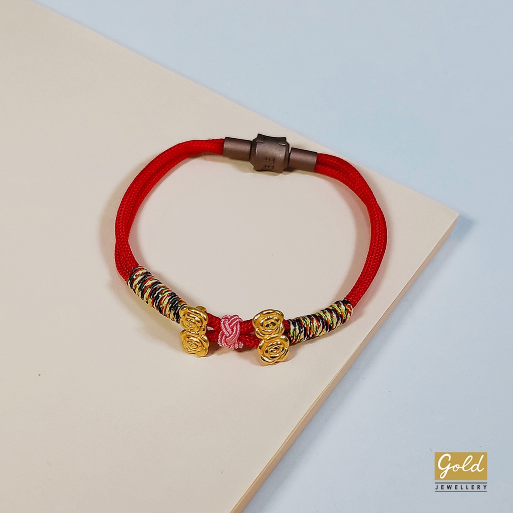 Gelang tali emas hongkong 24k 999 charm mawar tumpuk 2 pdr kain merah