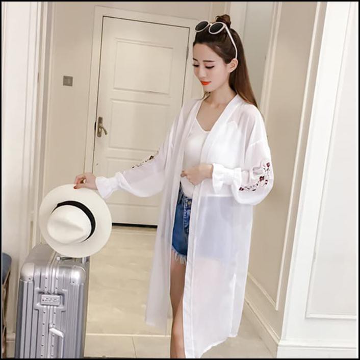 Cardigan Chiffon Tangan Panjang Bordir Bunga Outer Bikini Baju Pantai