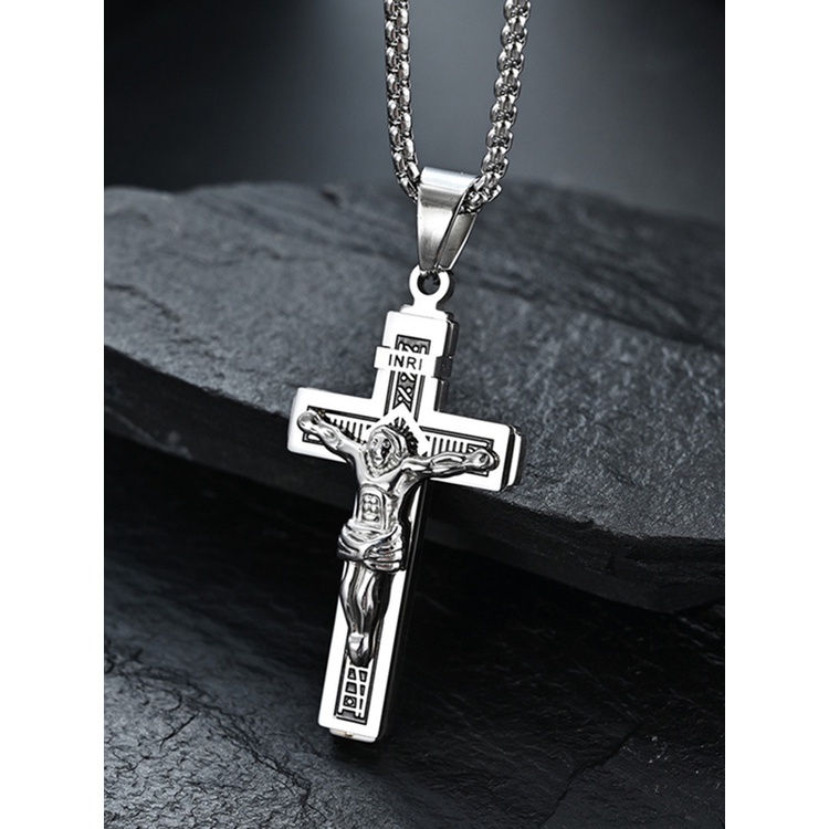 Kalung Rantai Liontin Salib Yesus Bahan Stainless Steel Warna Emas Untuk Pria