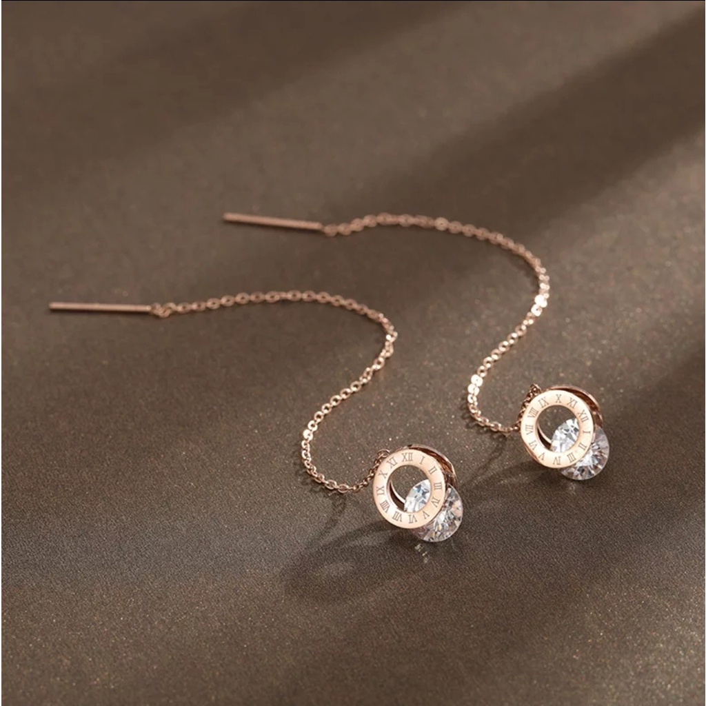Anting Drop Titanium Rumbai Roman Bulat Angka Romawi Rose Gold, Gold dan Silver
