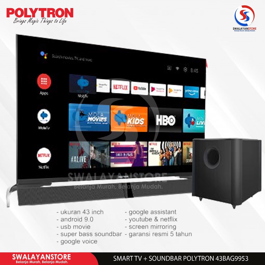 LED ANDROID SMART TV & SOUNDBAR SUBWOOFER POLYTRON 40" 43"