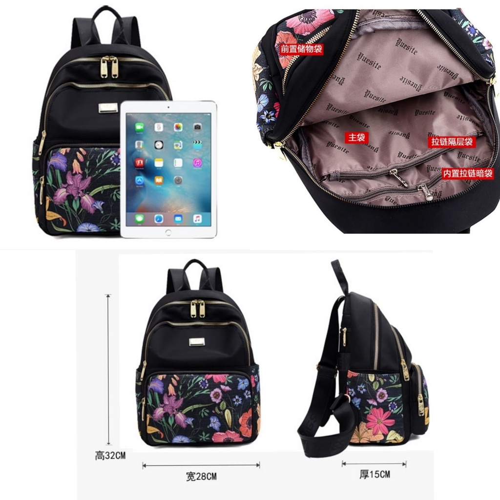 TAS RANSEL WANITA 3 RESLETING ANTI AIR MOTIF BUNGA HITAM BACKPACK CEWEK KOREA LUMBIA TA573B5 GENDONG PUNGGUNG SEKOLAH KULIAH KERJA IMPORT PREMIUM REMAJA KEKINIAN BATAM BRANDED