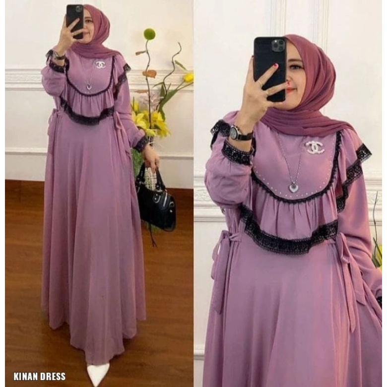 KINAN DRESS BL CERUTY BABYDOLL FULL FURING APLIKASI RENDA LD 110 CM PB 138 CM BJAU GAMIS WANITA TERBARU 2022 BAJU GAMIS SIMPLE WANITA  2022