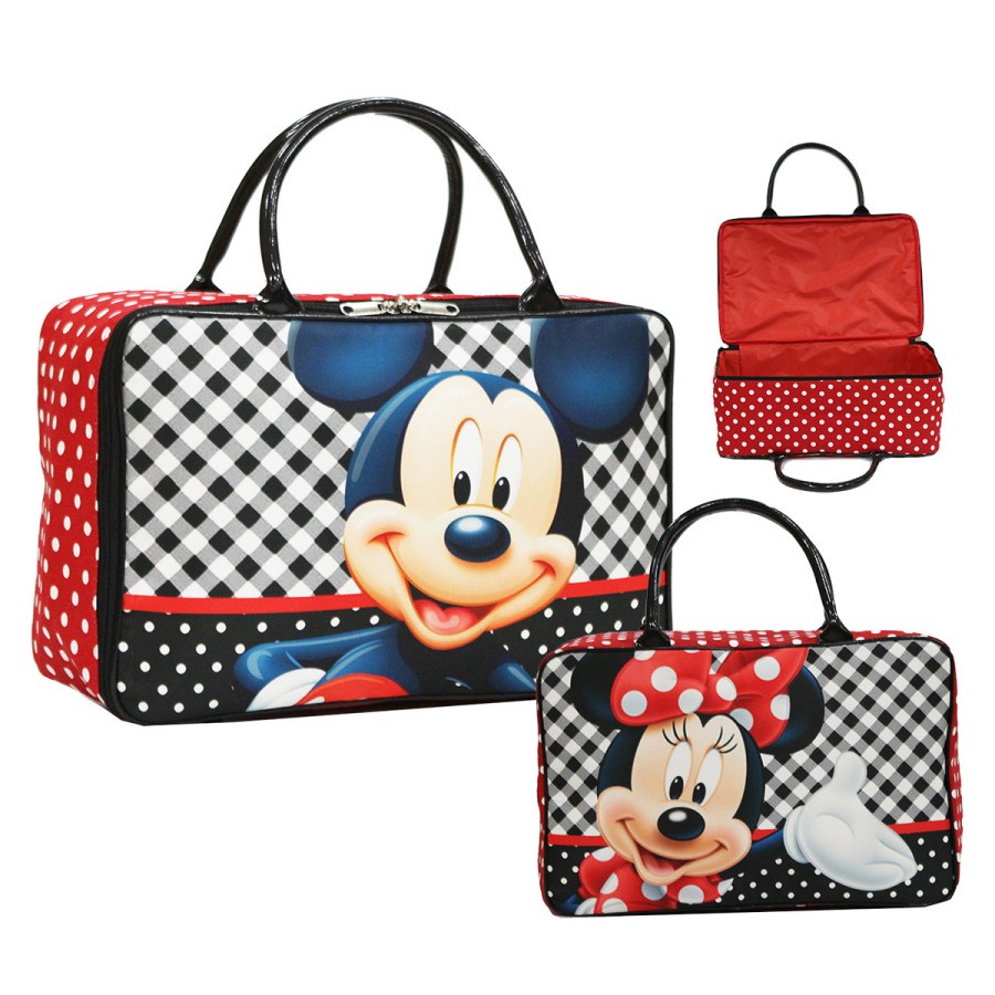 Travelbag tas model koper jinjing wanita motif dewasa Karakter Mickey & Minnie Mouse Bahan Kanvas
