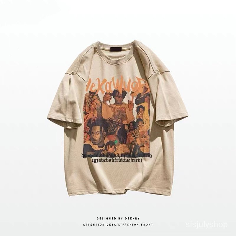 #Sisjuly# Kaos Katun Sablon Retro Wanita Musim Panas High Street Lengan Pendek Longgar