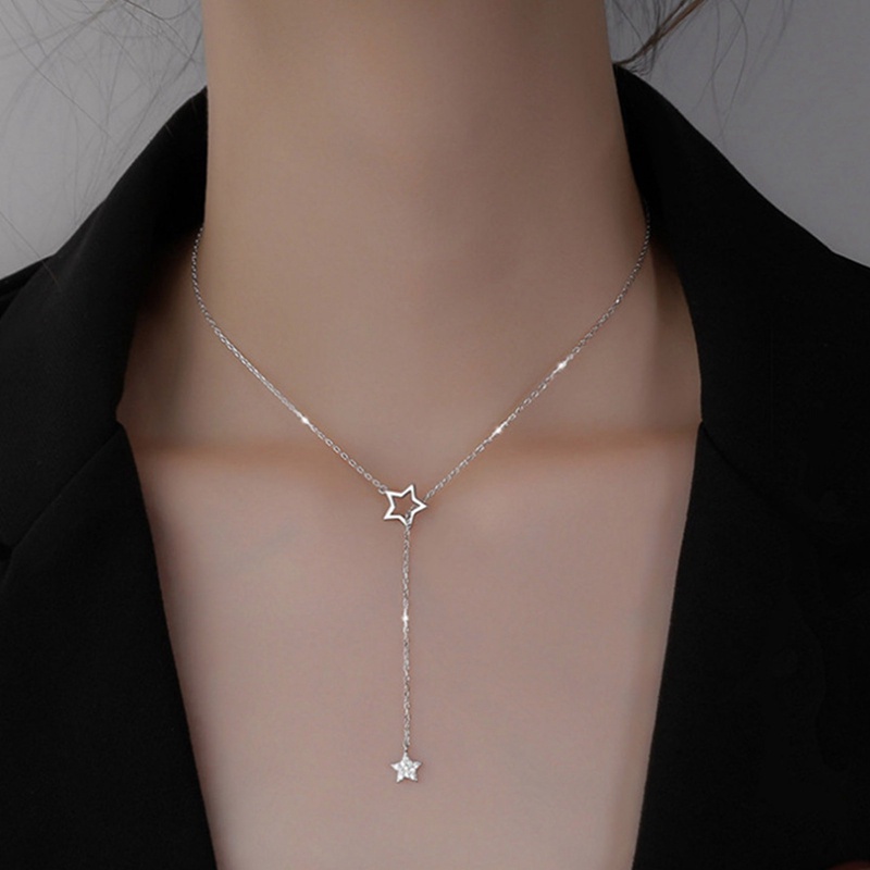 Kalung Rantai Klavikula 925 Sterling Silver Zircon Bentuk Bintang Model Rongga Untuk Wanita