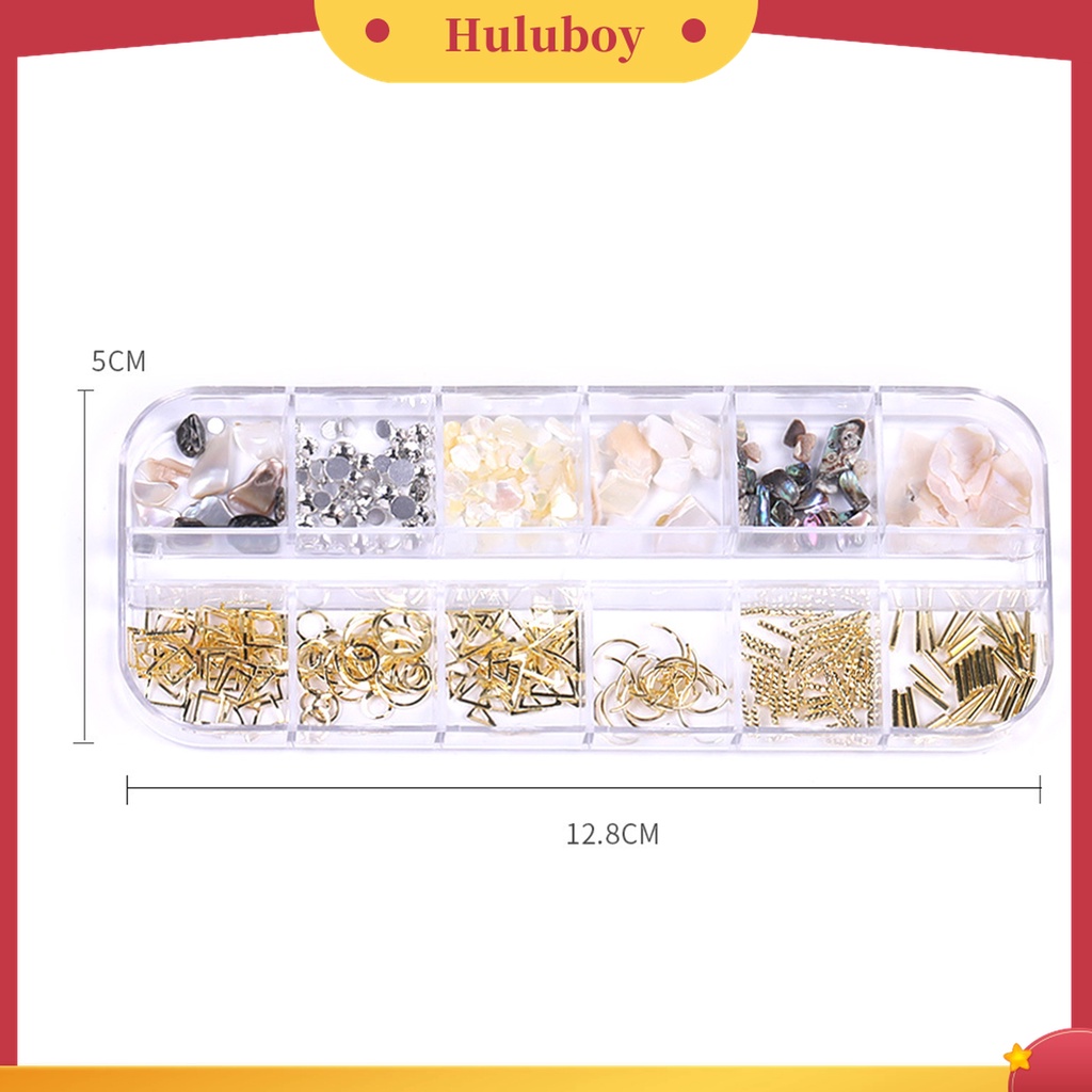 Huluboy Huluboy♡ 1 Kotak 12 Grids Payet 3D Bahan Alloy Untuk Dekorasi Nail Art
