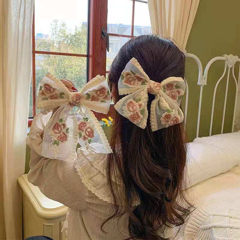 Delunashop Jepit Rambut Pita Besar Putih Lace dengan Renda Bordir Bunga bando Bunga