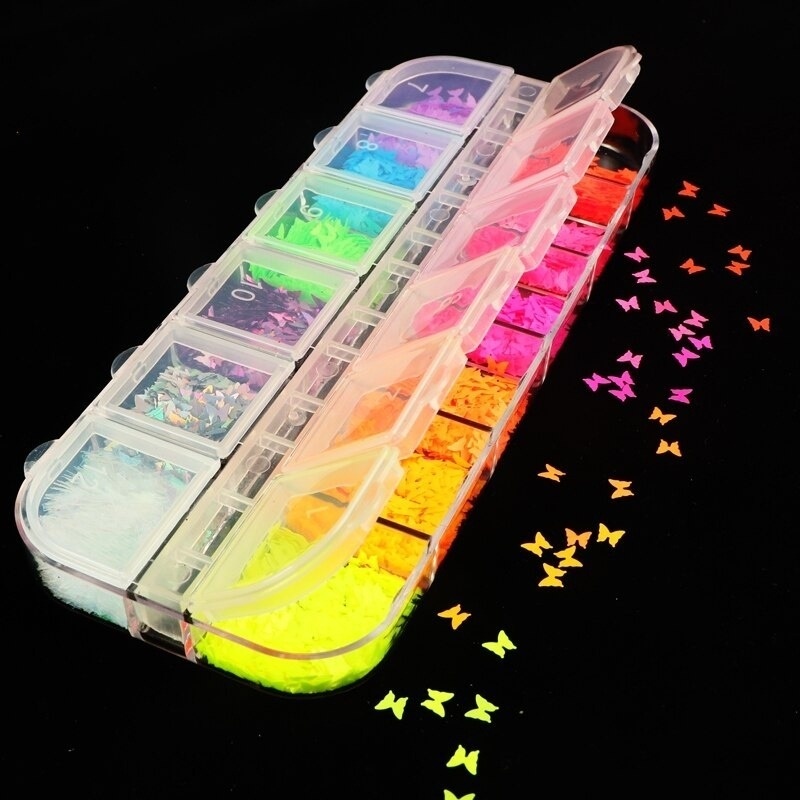 12 Grids Fluorescence Hollow Heart Neon Star Shapes Nail Art Glitter Flakes 3D Colourful Sequins Polish Manicure Nail Decoration