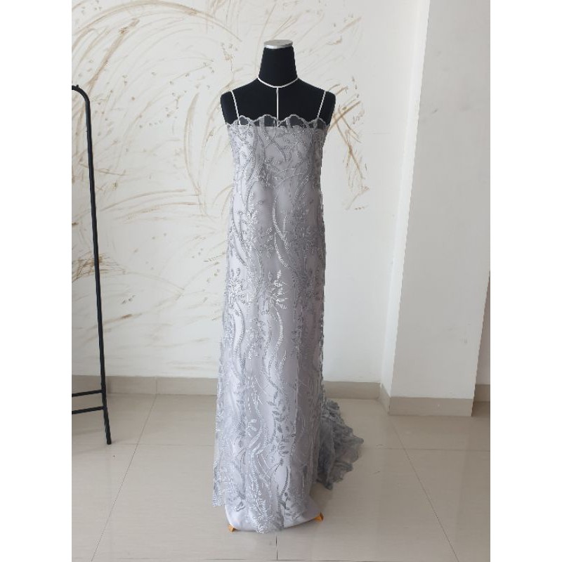 Kain Tile / Tulle Bordir Salur Daun Premium Grey (Abu-abu)