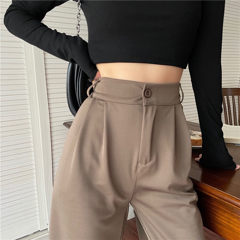 yikoo-Celana kasual high waist setelan warna solid wanita pants